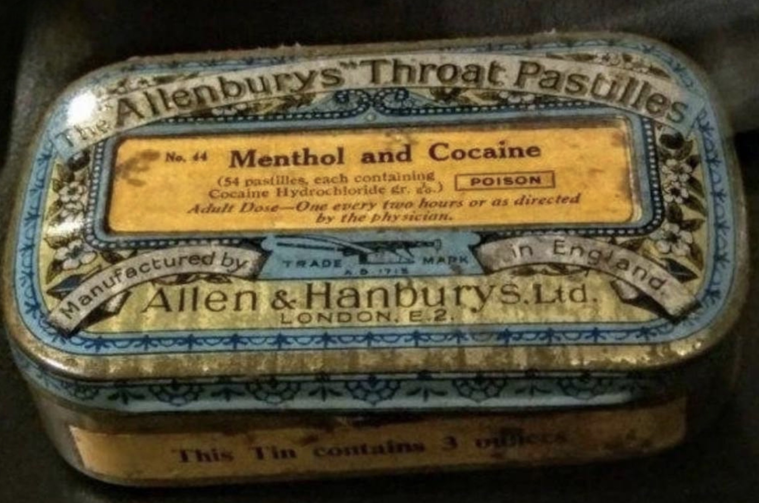 allenburys throat pastilles menthol and cocaine - The Allenburys Throat Pastilles & No. 44 Menthol and Cocaine 54 pastilles, each containing Cocaine Hydrochloride dr. d. Poison Adult DoseOne every two hours or as directed by the physician. Manufactured by